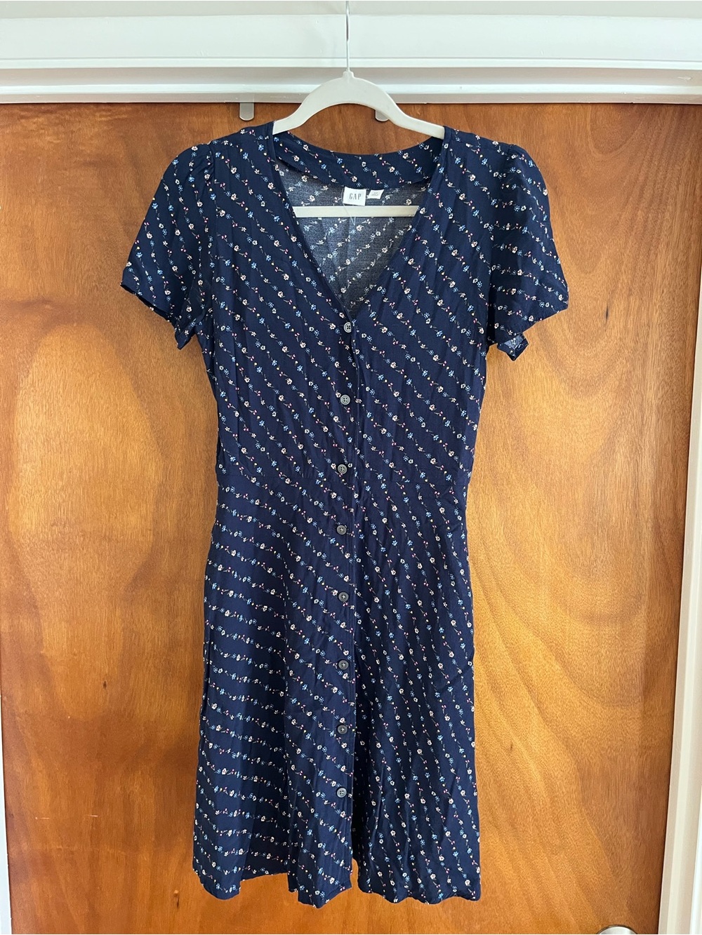 GAP Navy Short-Sleeve Button-Front Floral Midi Dress